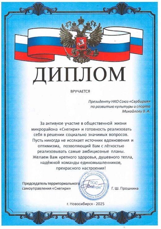 Диплом от ТОС Снегири